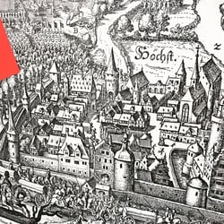 Gestaltung des Bauzauns am Ettinghausenplatz, Frankfurt-Höchst, Detailansicht des Banners mit einem Ausschnitt aus dem Stich »D