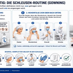 Schrittweise Visualisierung einer Gowning- & Schleusen-Routine zur verständlichen Vermittlung von Hygiene-& Compliance-