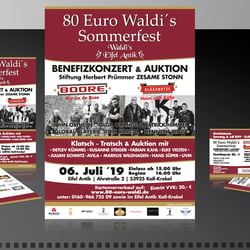 Design Plakat Sommerfest Benefizkonzert 2019 Boore | Kläävbotze & Global Player bei 80 Euro Waldi Eifel Antik