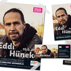 Design von Flyer, Poster und Eintrittskarte für das Konzert von Eddi Hüneke beim Stajupfa / Evangelische Jugendkirche Wiesbaden