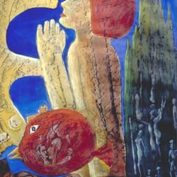 Mädchen mit Löwin, Mischtechnik, 80×55 cm, 1997