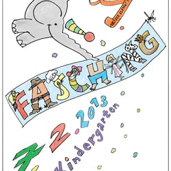 Gezeichnetes Plakat: „Der Elefant tanzt mit der Mücke“ Faschingsmotto