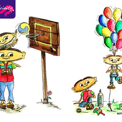 Tshirtmotive: Maxl und Franzi beim Basketball und Ballonfahren