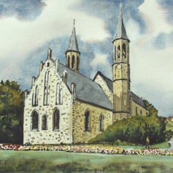 Dorfkirche Alt-Pankow, Radierung, aquarelliert, 24×32 cm, 2004