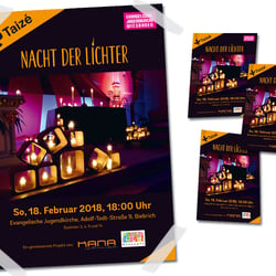 Flyer und Poster für »Nacht der Lichter« des Wiesbadener Stadtjugendpfarramtes und der Evangelischen Jugendkirche