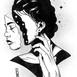 Digitale Schwarz-Weiß Illustration eines Gesichtes hinter dem sich mehr verbirgt.