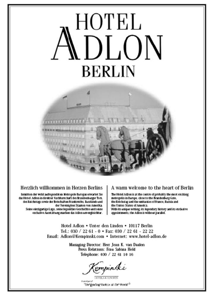 Anzeige für das Hotel Adlon in einem Presseverzeichnis