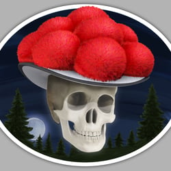 Konzeption Schädel mit Bollenhut (dunkler Schwarzwald) als eine Art Kuckucksuhr (3D-Computergrafik)