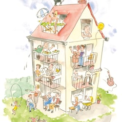 Familienhaus (Graphit, Aquarell)