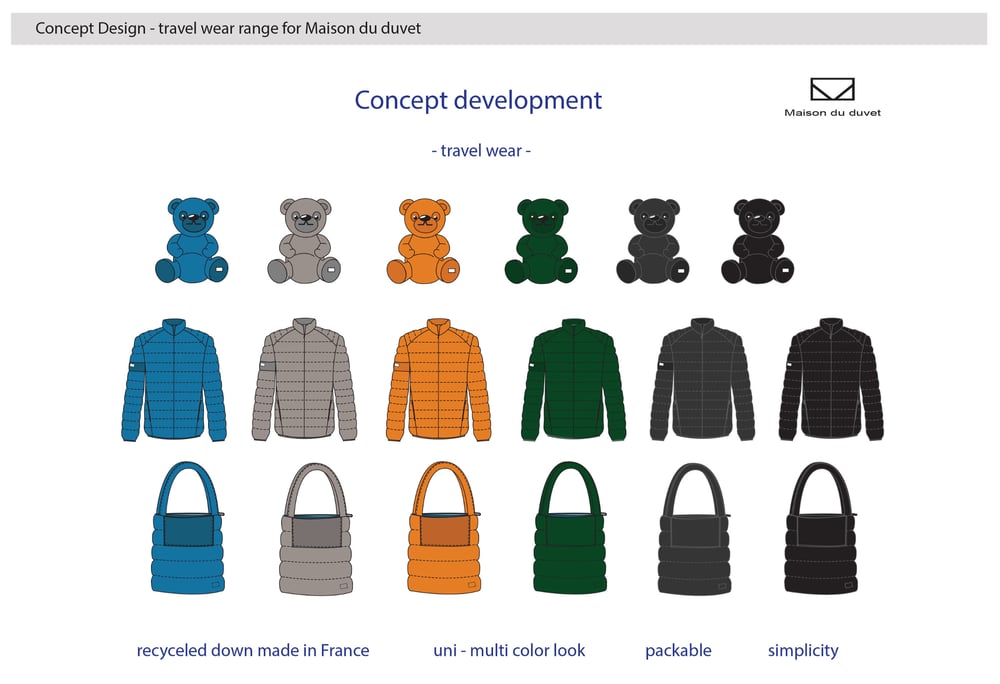 Packable, recycled down collection for Maison du duvet by re:down.