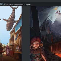 Illustration – Nitas Abenteuer – Düne & Lava See Links: Basar-Szene mit Steampunk Luftschiffen Rechts: Drache in Höhlen