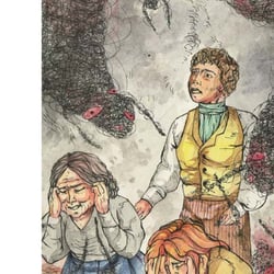 „Howls moving Castle“ von Diana Wynne Jones. Kupferstich und Aquarell