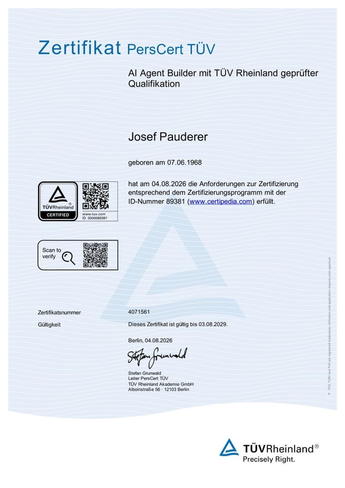 TÜV-Rheinland-Zertifikat – AI Agent Builder