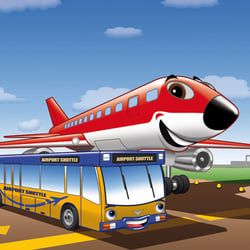 Seitenillustration Bus & Flugzeug