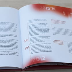 Zeitstrahl und Zitate, rote Wolken ziehen sich durch das gesamte Buch