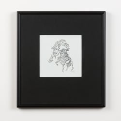 „Zeitzeugen-Gesichter / Faces Of Contemporary Witnesses –02”. Rapidographenzeichnungen mit durch Photomontage einkopiertem Text