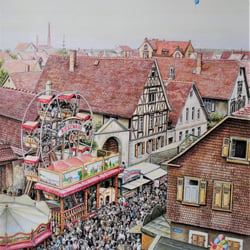 Pfungstadt – Borngasse 1950er Jahre – Kirmes / Buntstifte auf Malkarton