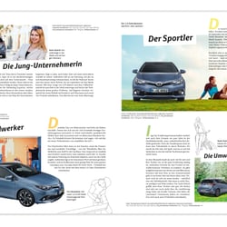 Layout, Bildretouche und Illustration. Anwendung meiner Illustration im Toyota Magazin. Digitale Gestaltung.