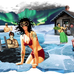 Illustration für die größte Zeitung Finnlands: Helsingin Sanomat. Mit dem Thema geheimes Winterschwimmen