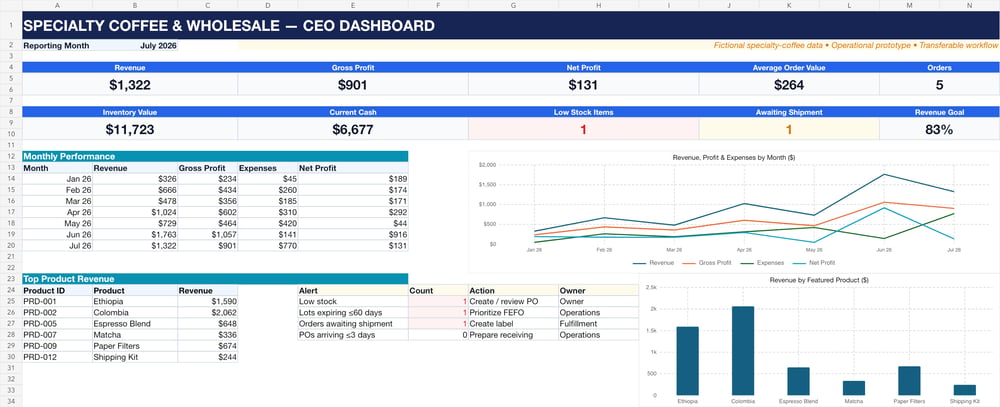 CEO Dashboard – fiktive Kennzahlen und operative Übersicht