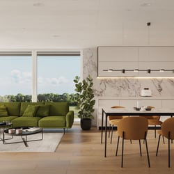 Wohnküche mit grünem Sofa