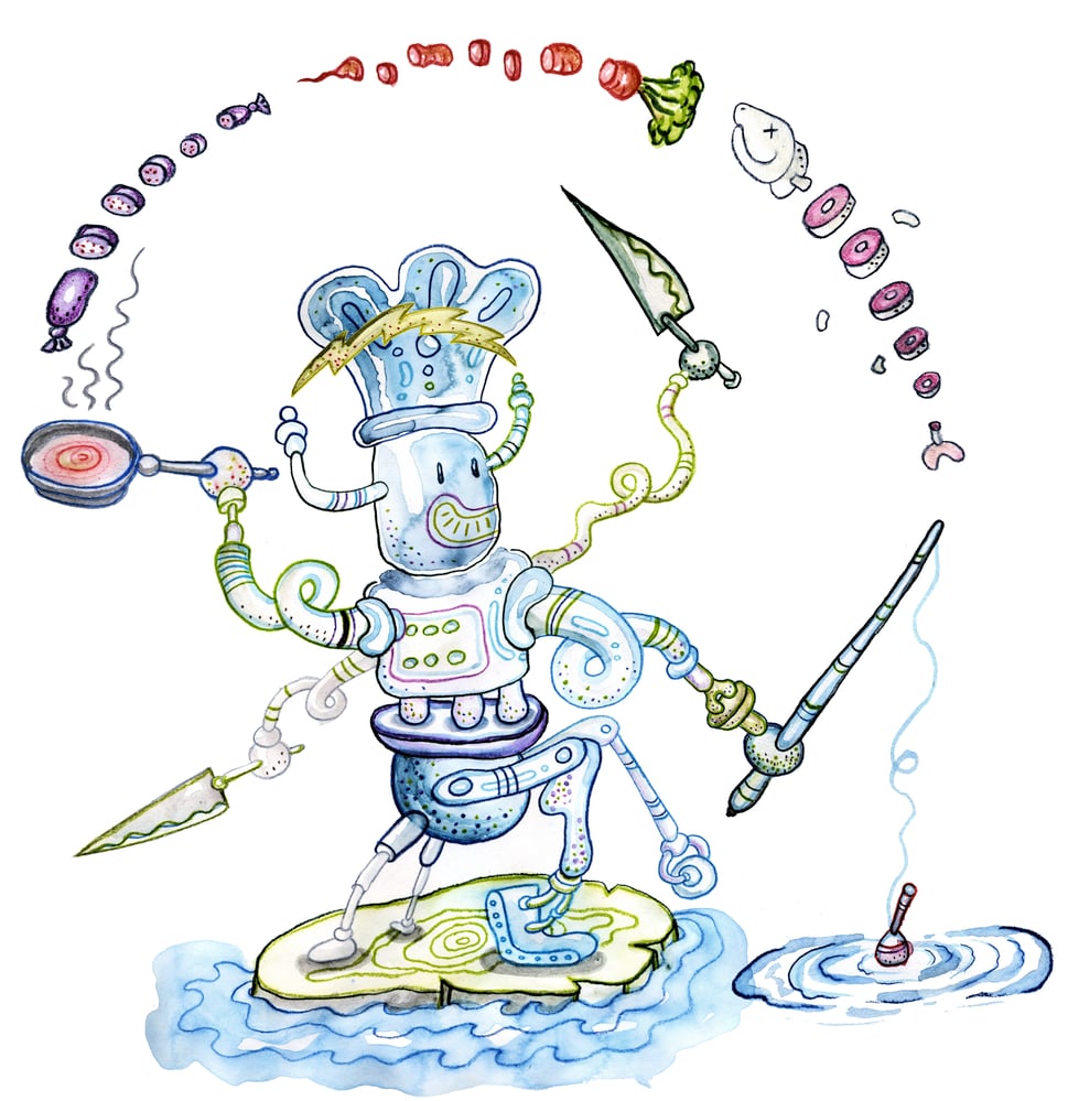 Aquarell illustration für Kleinert Illustratoren, München: Kochroboter.