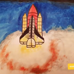 Ich fliege hier in meiner Rakete. Wer weiß, ob ich meine Heimat, die Erde jemals wiedersehen werde?