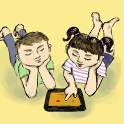 Kinderbuchillustration – Junge und Mädchen mit Tablet