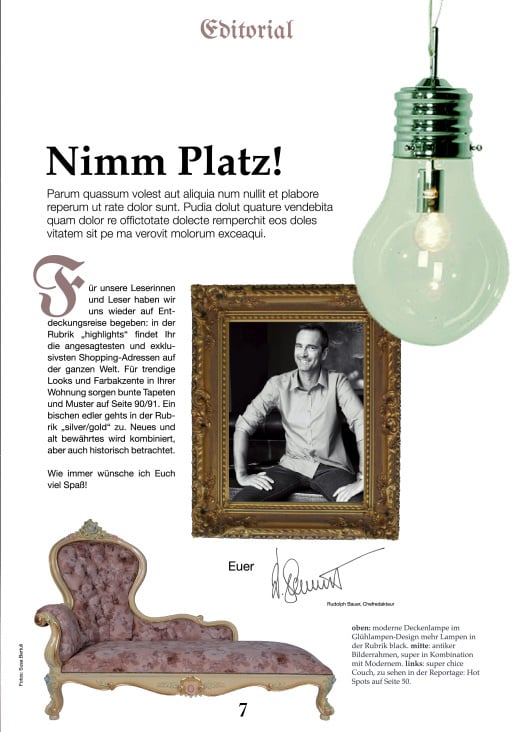 Die Editorialseite aus fiktivem Lifestyle-Magazin „Prunk“
