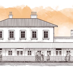 Illustration eines historischen Bahnhofsgebäudes