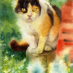 Katze im Grünen – Aquarell
