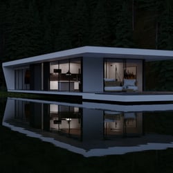 Haus am See Nacht 3D Visualisierung