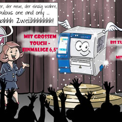 Comic illustration of label printers as a product presentation for social media