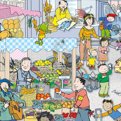 Wimmelbild Kinder- und Familienbildung Thema Einkaufen