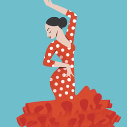 Flamenco lady illustration blue baclground, red dress and white dots