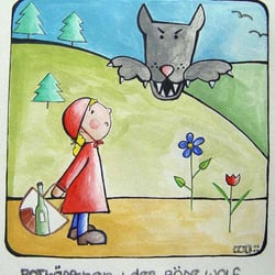 Märchen mit Temperafarben: Rotkäppchen und der böse Wolf