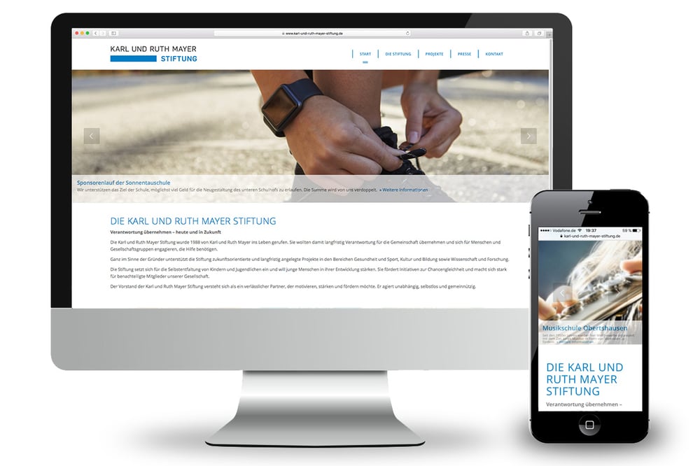 Webdesign für Karl und Ruth Mayer Stiftung, Obertshausen – Ansicht für Monitor und Smartphone