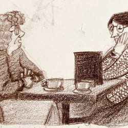 Schnelle Karikatur in Pulheim von zwei unbekannten Damen am Tisch