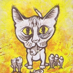 Katze+ Fische gelb, 11×13cm, 22 Euro – Kopie