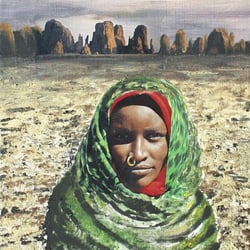 Tubufrau vor Wüstengebirge, Acrylcollage, 40×30 cm, 2007