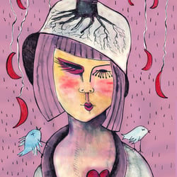 Girl with blue birds, hand and digital illustration 2009