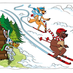 Bär, Fuchs und Hase  beim „Pizza und Pommes“ – Skifahren