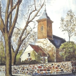 Dorfkirche Lichterfelde, Radierung, aquarelliert, 32×24 cm, 1990