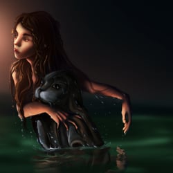 „Der Selkie“ – finale Illustration  Zwischen Fels und Gischt am Rande der Küste zeigt sich der Selkie in seiner geheimnisvollen