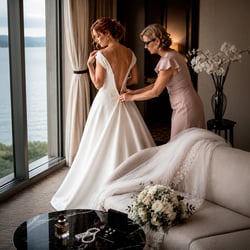 Braut und Brautmutter beim Anziehen des Brautkleides hoch über dem Genfersee