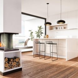 3D-Visualisierung von Wohnzimmer mit Kamin