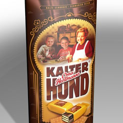 Kalter-Hund-Riegel in geprägter Metallschmuckdose,  Auftraggeber: Sächsische und Dresdner Back- & Süßwaren GmbH & Co.KG