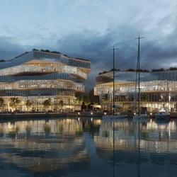 Außenvisualisierung eines zweiteiligen futuristischen Gebäudes am Wasser