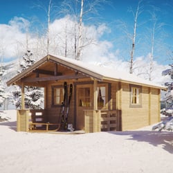 Blockbohlenhaus in winterlicher Landschaft