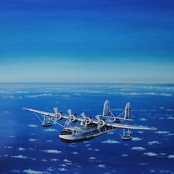 Sikorsky S 42 Flugboot der Pan American Airways PAA über dem Pazifik  / Öl auf Ölkarton